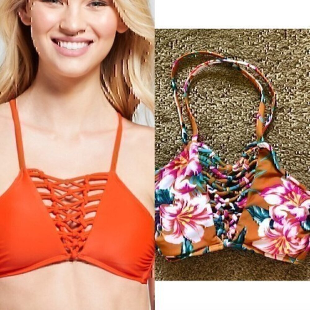 NEW NWT XHILARATION Macrame Strappy High Neck Bikini Top Mustard Gold Floral XS